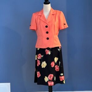 Vintage 90’s Studio I Coral Blazer and Floral Black Skirt Set Size 10P